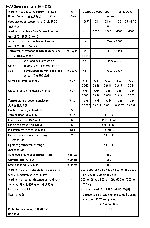 FLINTEC PCB 單點式稱重傳感器技術參數(shù)圖2